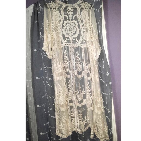 Beige Cream Off White Sheer Lace Kimono Open Cardigan Sweater Duster One Size - Picture 4 of 5